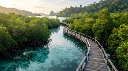Fototapeta premium A serene wooden boardwalk winds through a lush mangrove forest alongside a tranquil turquoise river