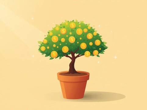 植木鉢に実るお金のなる木のイラスト