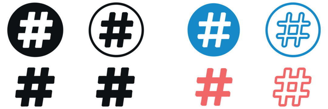 Modern Hashtag Symbols in Various Colors and Styles for Social Media Use, Digital Marketing, Online Communication, Content Creation, Trending Topics, Branding, and Vector Illustration Set.