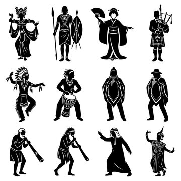 cultural diversity of people from various global cultures in traditional costumes performing music and dance representing heritage.