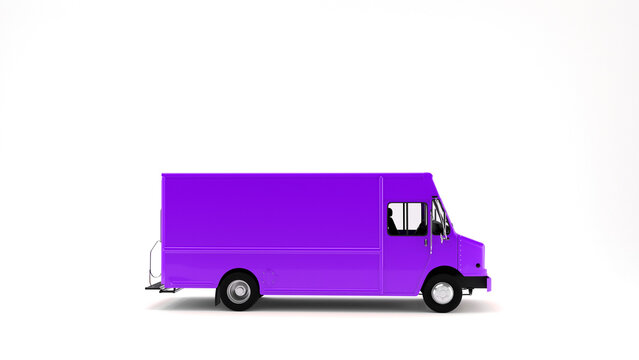 Purple delivery van truck mockup blank template on white background 3d render