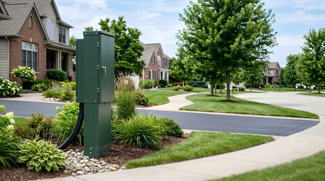 underground residential utility service pedestal supporting neighborhood electrical telecom and fiber infrastructure for modern suburban housing developments with outdoor copy space
