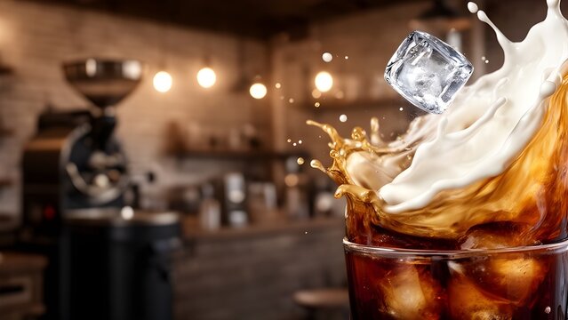 Dynamic Cold Brew Coffee Splash with Rustic Roastery Background and Copy Space