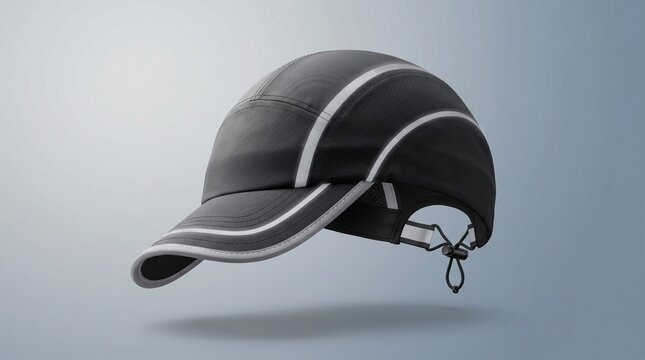 A sleek black baseball cap with white trim and chin strap flies through the air against a gray background.