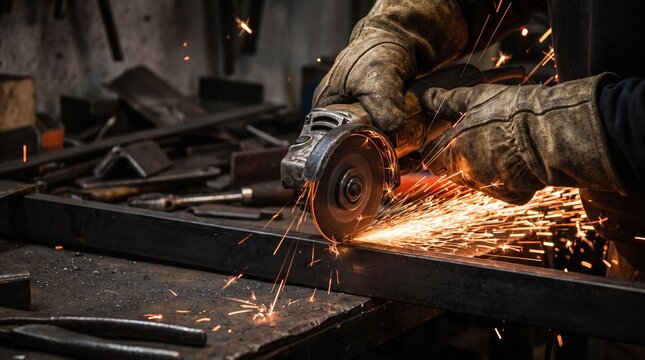 Worker using an angle grinder to cut or polish a metal bar in a workshop, creating bright orange sparks