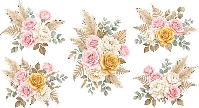Watercolor floral bouquet collection with pink and yellow roses pampas grass and dried foliage for wedding design
