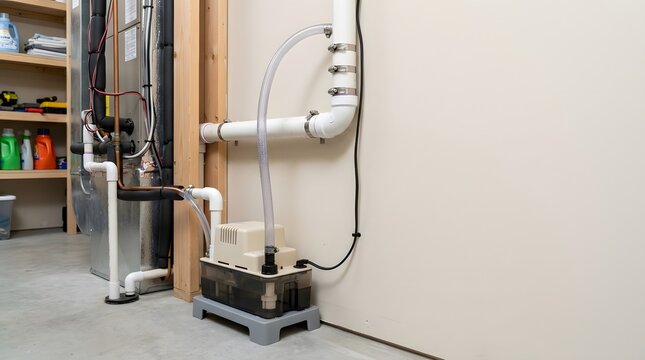 automatic residential hvac condensate drainage pump removing excess air conditioner water from basement mechanical room installation