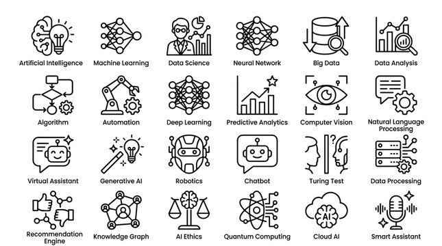 Ai technology and machine learning icons featuring data science neural network automation deep learning computer vision natural language processing and chatbot.