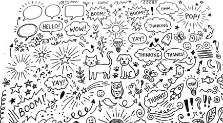 Hand Drawn Doodle Vector Set with Speech Bubbles Comic Book Elements Animals Stars and Text Expressions for Creative Graphic Designs © Rajiya