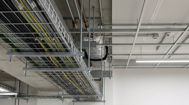 overhead electrical cable tray supporting organized utility wiring network inside modern commercial and residential building infrastructure