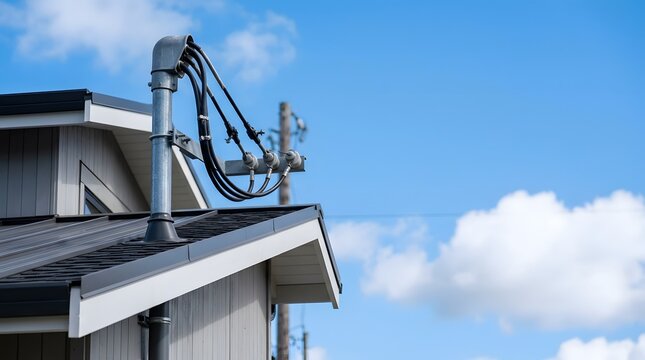 residential electrical service mast connection delivering overhead utility power to modern house with secure weatherhead installation