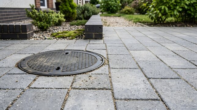 residential sewer drain cleanout access cover integrated into modern driveway paving for underground plumbing maintenance