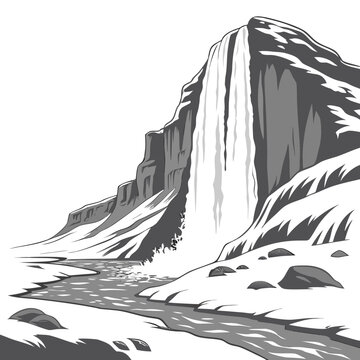 Artistic of a tall waterfall flowing down a steep, snow-covered mountain cliff into a winding river in a winter setting