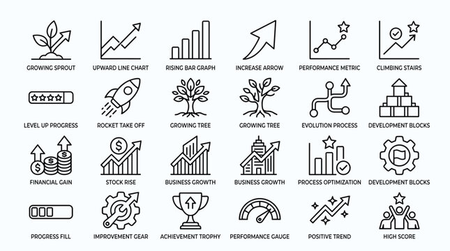 Business growth and development icon set illustrating success metrics performance trends achievement markers and strategic optimization for professional presentations.