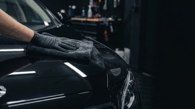 Professional auto detailer wiping wet black car hood with gray microfiber towel, vehicle care, car wash, detailing service.