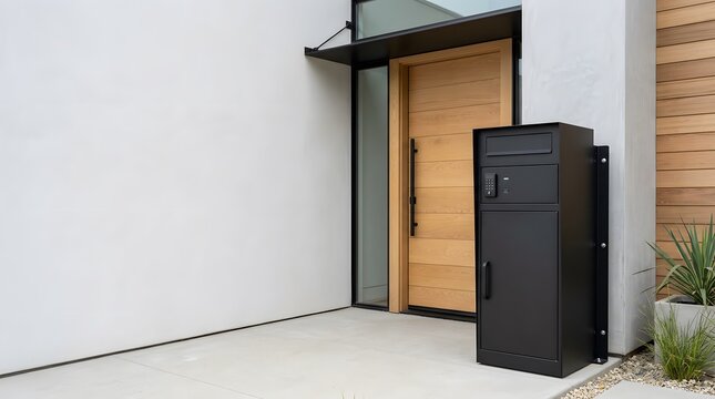 smart residential parcel mailbox with integrated secure package compartment installed beside contemporary modern home entrance