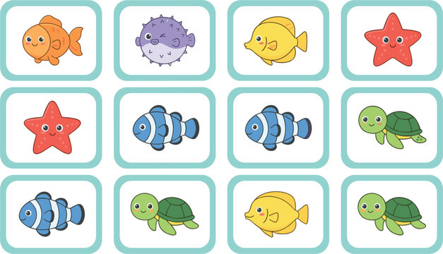 Cute Kawaii Sea Life Matching Memory Game Flashcards Set with Cartoon Ocean Animals Clownfish Starfish and Turtle Icons for Kids Education