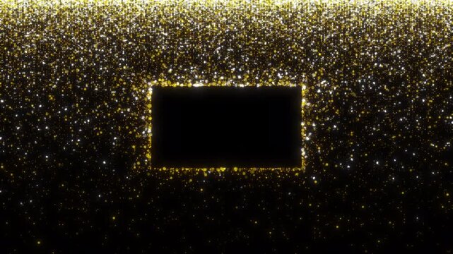Elegant rectangular gold frame with falling glitter particles from the top, isolated on transparent background.
