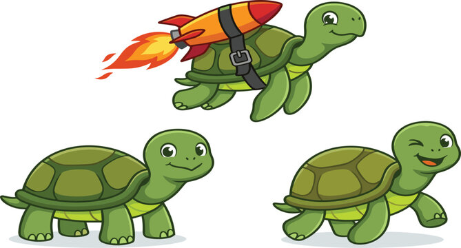 Cute cartoon turtle character set featuring slow crawling positions and a funny fast tortoise flying with rocket jetpack booster, vector