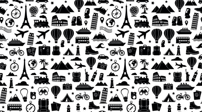 seamless pattern of black travel icons on a white background symbolizing adventure