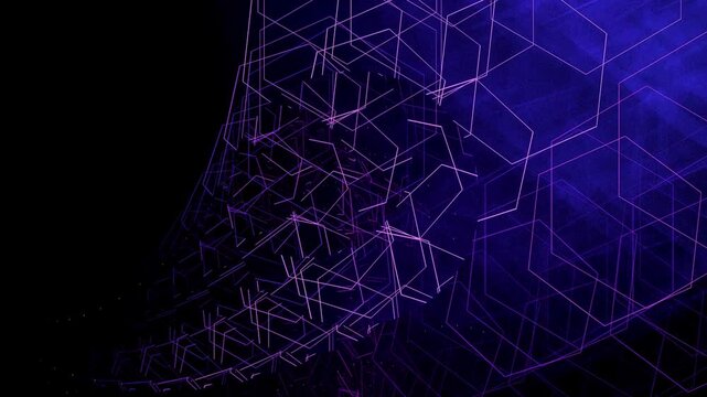 A futuristic digital background showcasing an intricate web of glowing purple and pink geometric hexagonal lines. The dark, textured backdrop creates a cyberpunk.