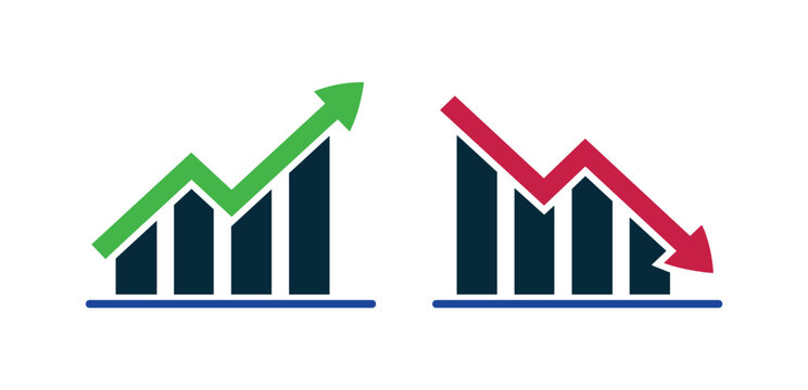 Graph of Growth and Decline: Two stylized bar charts display contrasting market trends, one showing a significant upward trajectory in green and the other a sharp downward spiral in red.