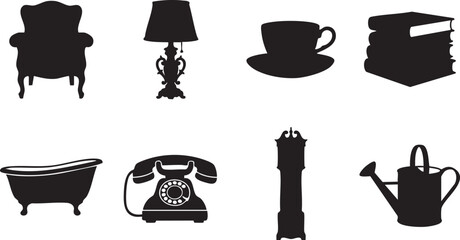 Vintage Household Objects and Retro Home Decor Black Silhouette Icon Set Isolated on White Background © Arfaton