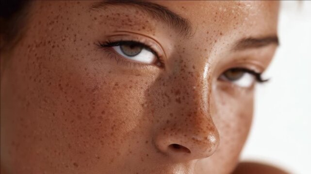 Close-up of freckled human face with soft, natural lighting. Green eyes gaze directly, conveying calm and authenticity. Skin texture and freckles highlighted in gentle, warm tones