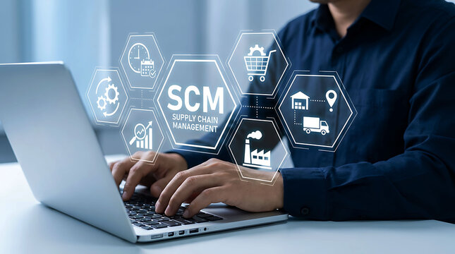 Businessman using laptop with SCM supply chain management system icons