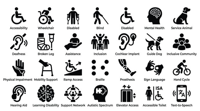 Disabled people and accessibility glyph icon set vector illustration perfect for web and app.