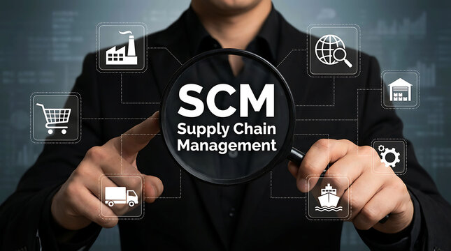 Businessman holding magnifying glass over SCM supply chain management