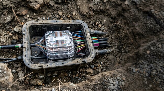 underground residential fiber optic distribution box with cutaway splice enclosure for broadband network installation telecommunications infrastructure and ftth connectivity