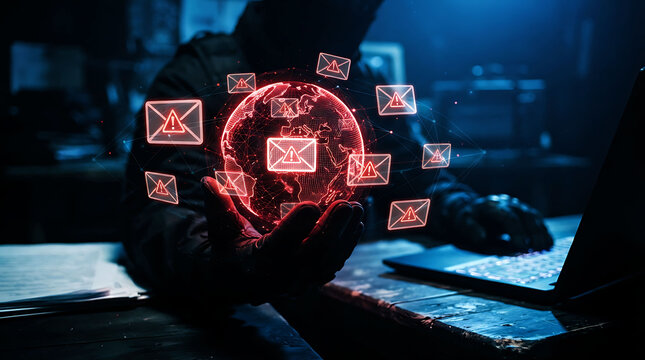 Hacker spreading global phishing email virus spam attack from laptop
