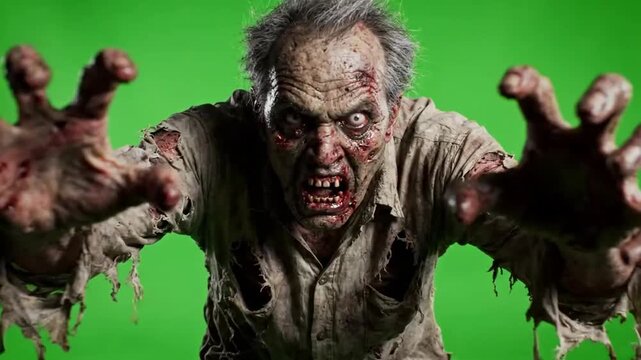 Terrifying zombie horde attacking with outstretched hands on a green screen background, representing horror