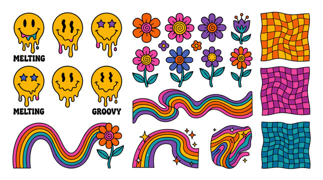 Vibrant retro psychedelic graphics with melting yellow smiley faces colorful 70s style flowers wavy rainbows and warped checkerboard texture elements
