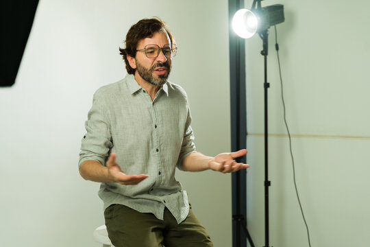 Male actor auditioning in a studio, expressing emotions during a casting call for a movie or show