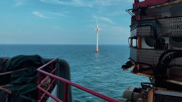 Offshore wind turbine standing over calm sea beside industrial ship deck under clear blue sky