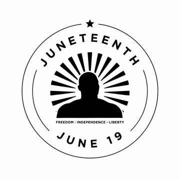 Juneteenth Freedom Day circular stamp icon with silhouette and sunburst elements, celebrating June 19 African American independence and liberty
