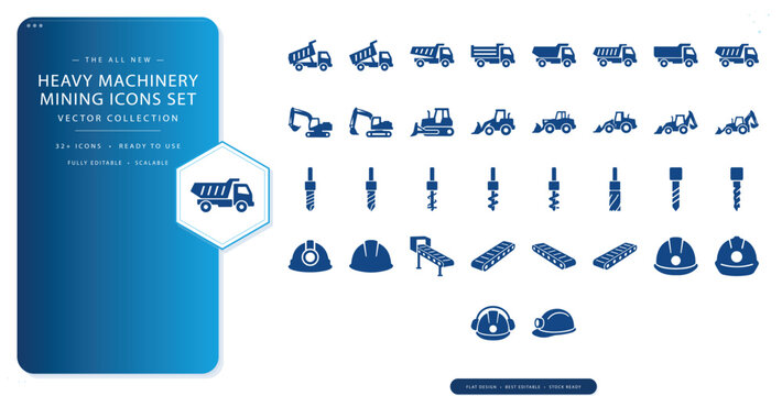Heavy machinery and mining flat solid vector icon set featuring excavator, dump truck, drill rig and industrial equipment symbols for construction and extraction design