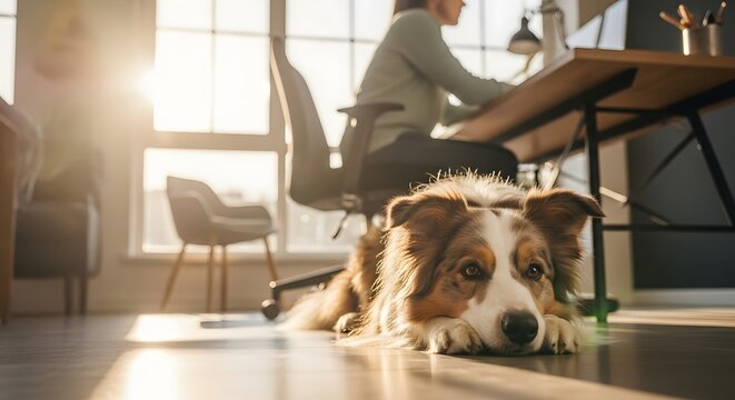 A loyal dog resting on the floor while its owner works at a desk in a sunlit home office.