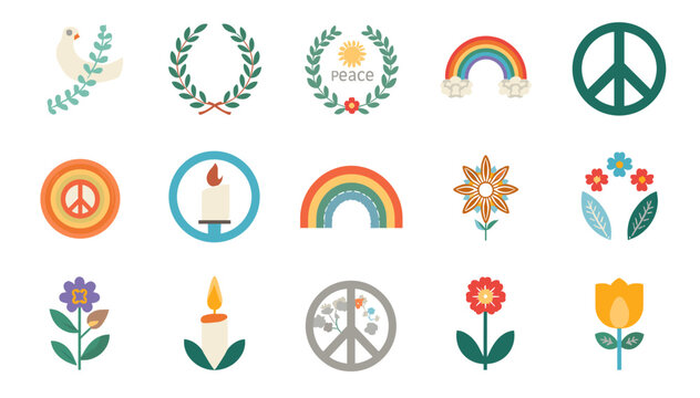 A collection of flat design icons representing peace, love, and nature, including peace signs, rainbows, doves, candles, and floral motifs.