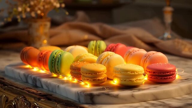 Colorful macarons arranged on a marble board with warm fairy lights underneath