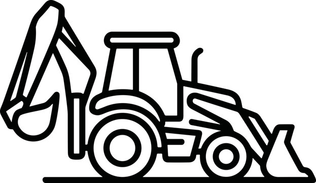 Backhoe loader line art icon, construction heavy equipment vehicle illustration