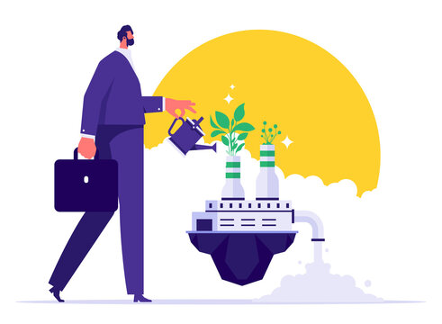 Eco friendly sustainable concept, reduce factory pollution to help stop climate change or global warming, businessman plant trees that help make the world a better place, Climate change problem
