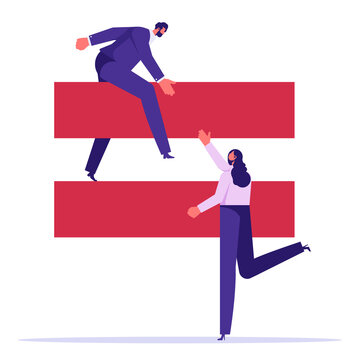 Gender equality in office concept, challenge of woman to be accepted in organization, treat female and male equally, businessman stand on equality sign and help or support businesswoman to reach same 