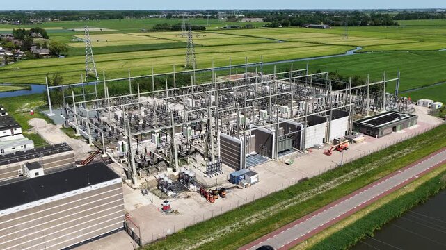 High voltage electrical power substation aerial view