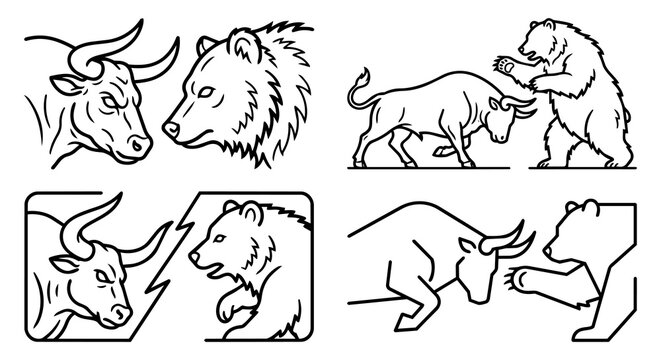 Bull and bear market line icon set. Stock market trend financial competition concept, minimalist strong bull and bear vector illustration.