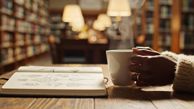 Hands holding steaming coffee mug near open notebook in library