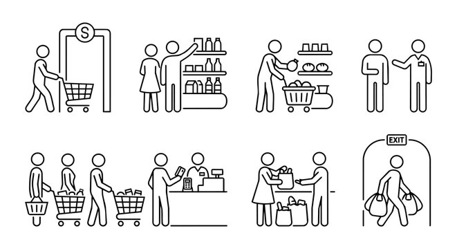 Supermarket shopping stick figure vector icon set. People buying groceries, standing in queue and paying at cashier counter line art.