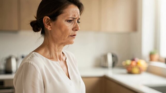 Middle aged woman looking worried and troubled in a bright modern kitchen interior